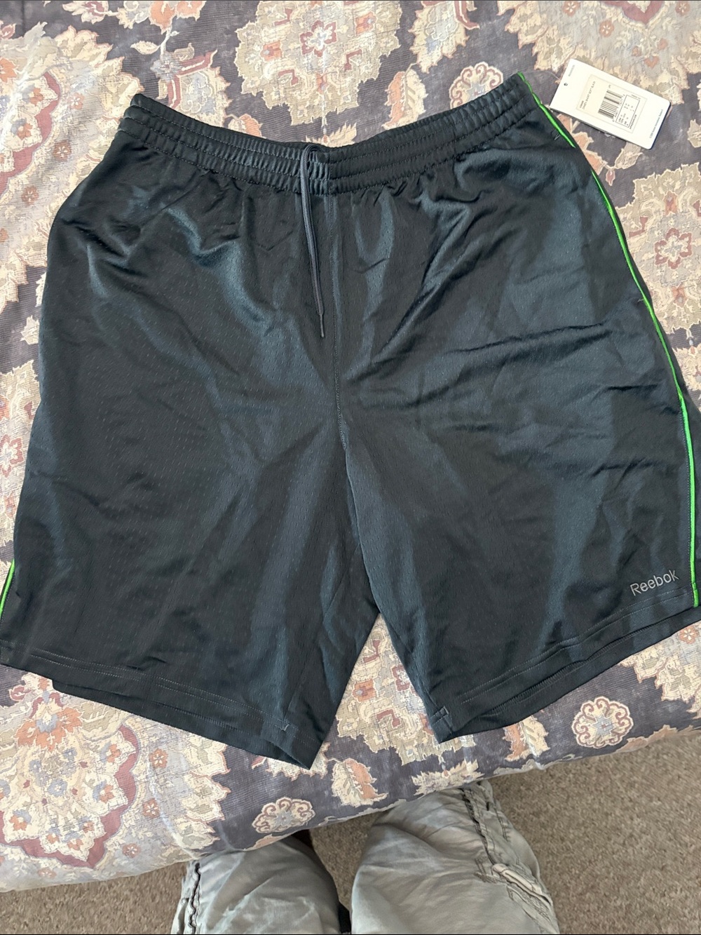 Reebok Men’s Black Athletic Shorts with Green Piping